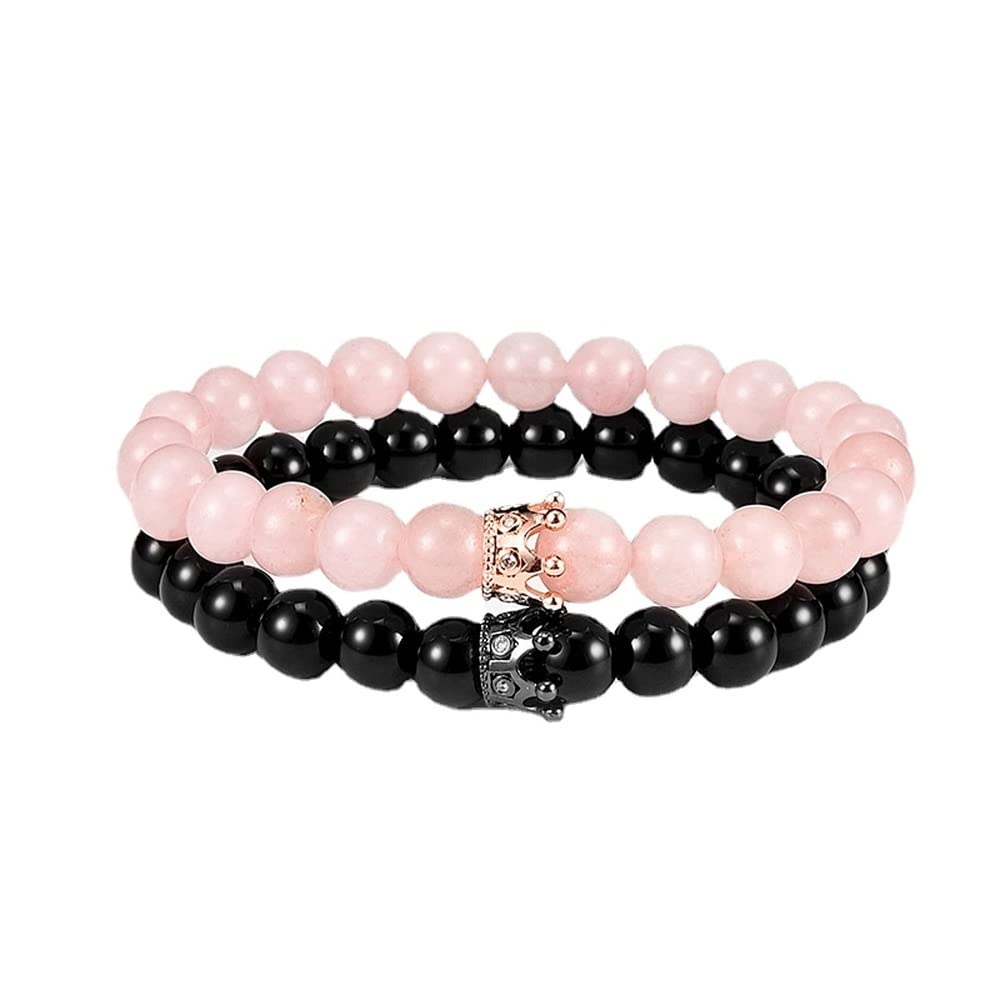 Rockyu ブレスレット メンズ レディース 2連 数珠 ビーズ 天然石 瑪瑙 クリスタル クラウン 開運 厄除けアクセサリー