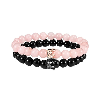 Rockyu ブレスレット メンズ レディース 2連 数珠 ビーズ 天然石 瑪瑙 クリスタル クラウン 開運 厄除けアクセサリー