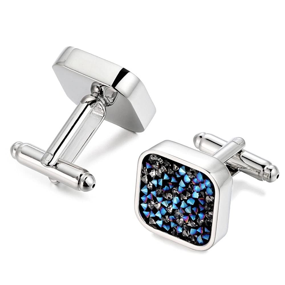 Rockyu カフスボタン メンズ 四角 シルバー ブルー クリスタル カフリンクス