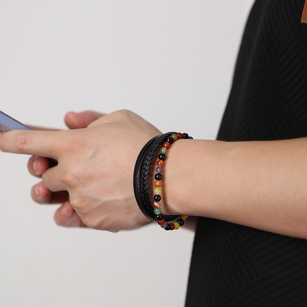 [Rockyu] ブレスレット メンズ 3連 レザー 編み込み 数珠 ビーズ ステンレス マグネット留め 金属アレルギー対応