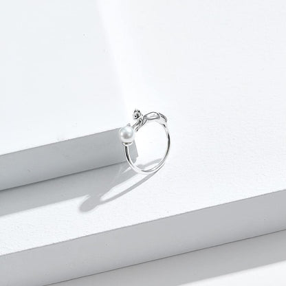 Rockyu レディースリング フリーサイズ 猫とパールのシルバー925指輪