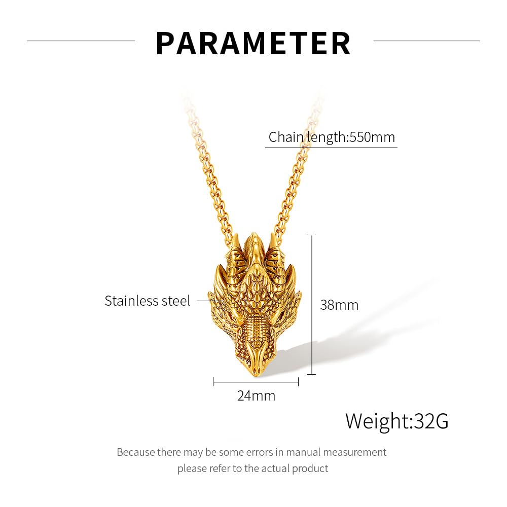 Rockyu ドラゴンヘッドネックレス ステンレス製 ロングチェーン