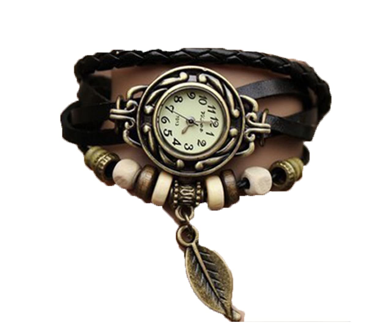 Rockyu リーフチャーム付き レザーブレスレットウォッチ【全7色・手作り】