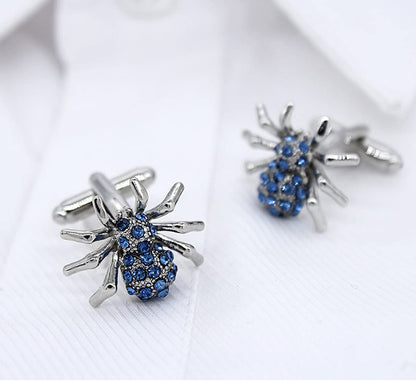 Rockyu カフスボタン メンズ 蜘蛛デザイン シルバー×ブルー サファイア風クリスタル ステンレス製