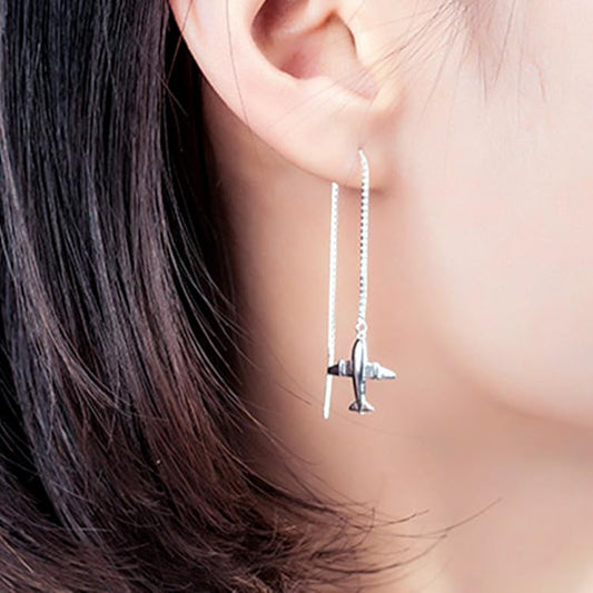 Rockyu ピアス レディース シルバー925 飛行機モチーフ ロングチェーン 両耳用 個性派 シンプル 旅行 ギフト