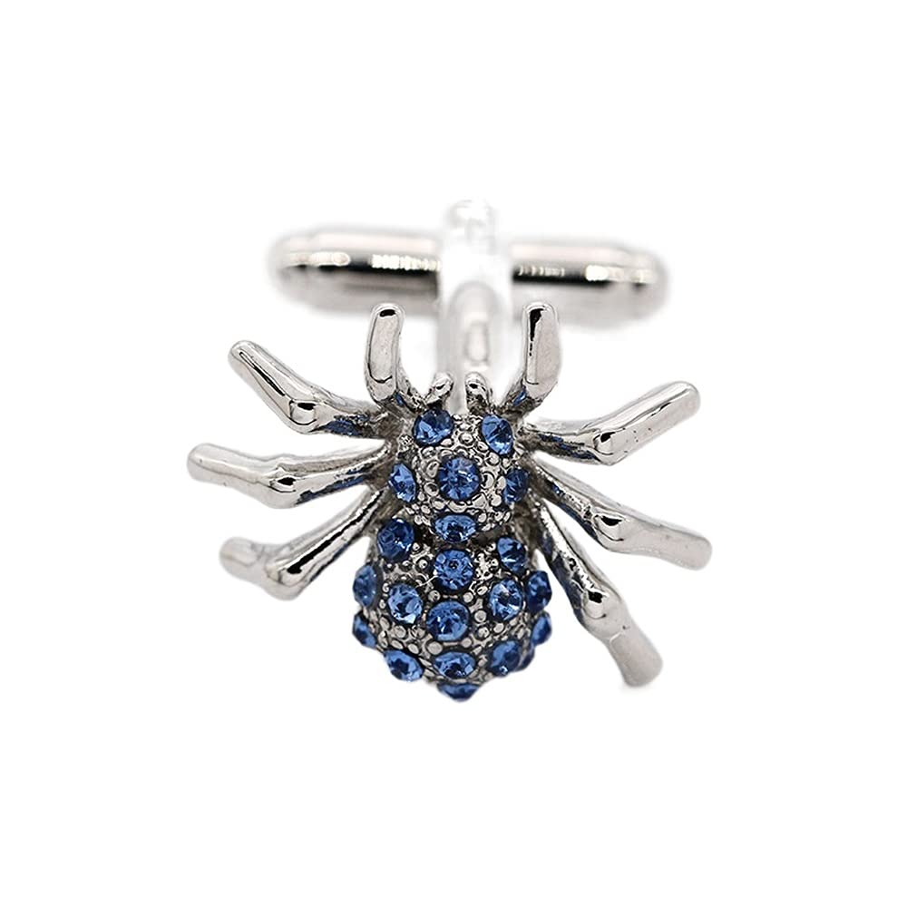 Rockyu カフスボタン メンズ 蜘蛛デザイン シルバー×ブルー サファイア風クリスタル ステンレス製