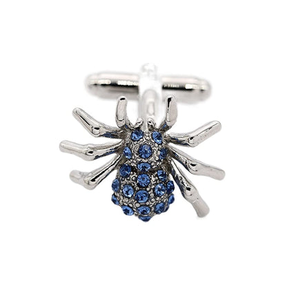 Rockyu カフスボタン メンズ 蜘蛛デザイン シルバー×ブルー サファイア風クリスタル ステンレス製