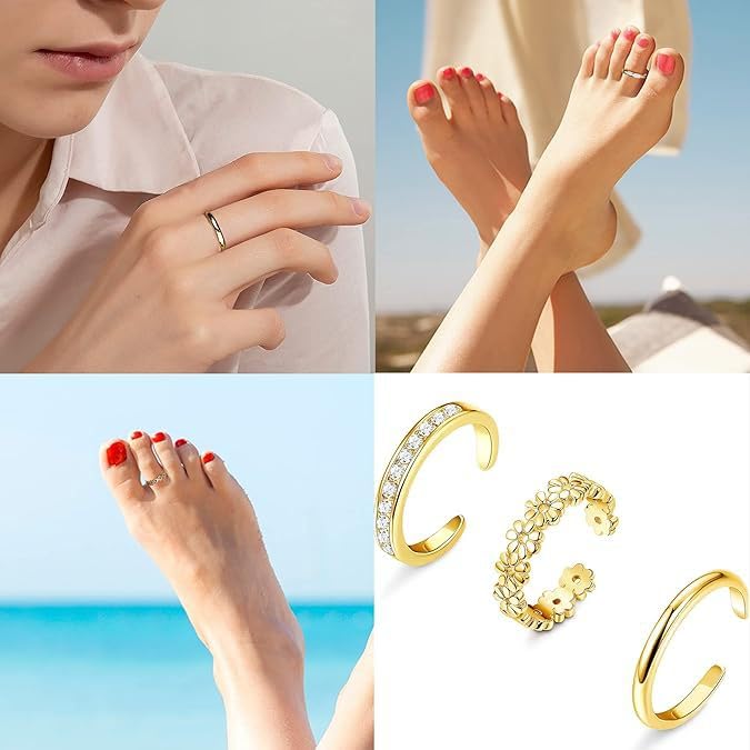 Rockyu トゥーリング レディース つけっぱなし 調整可能 3点セット 18金コーティング CZダイヤ 花 フラワーデザイン サマーアクセサリー