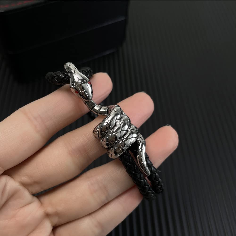 Rockyu ブレスレット メンズ スネークデザイン レザー＆ステンレス ブラック 蛇モチーフ