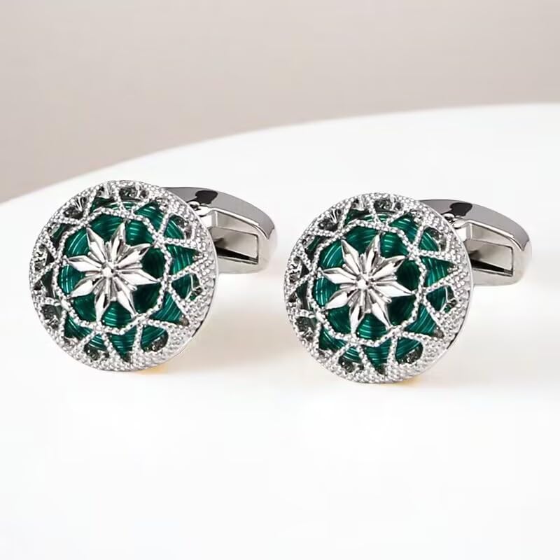 Rockyu カフス シルバーカラーバリエ 花柄透かし彫り ラウンドカフス メンズ ビジネス フォーマル ギフト