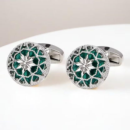 Rockyu カフス シルバーカラーバリエ 花柄透かし彫り ラウンドカフス メンズ ビジネス フォーマル ギフト