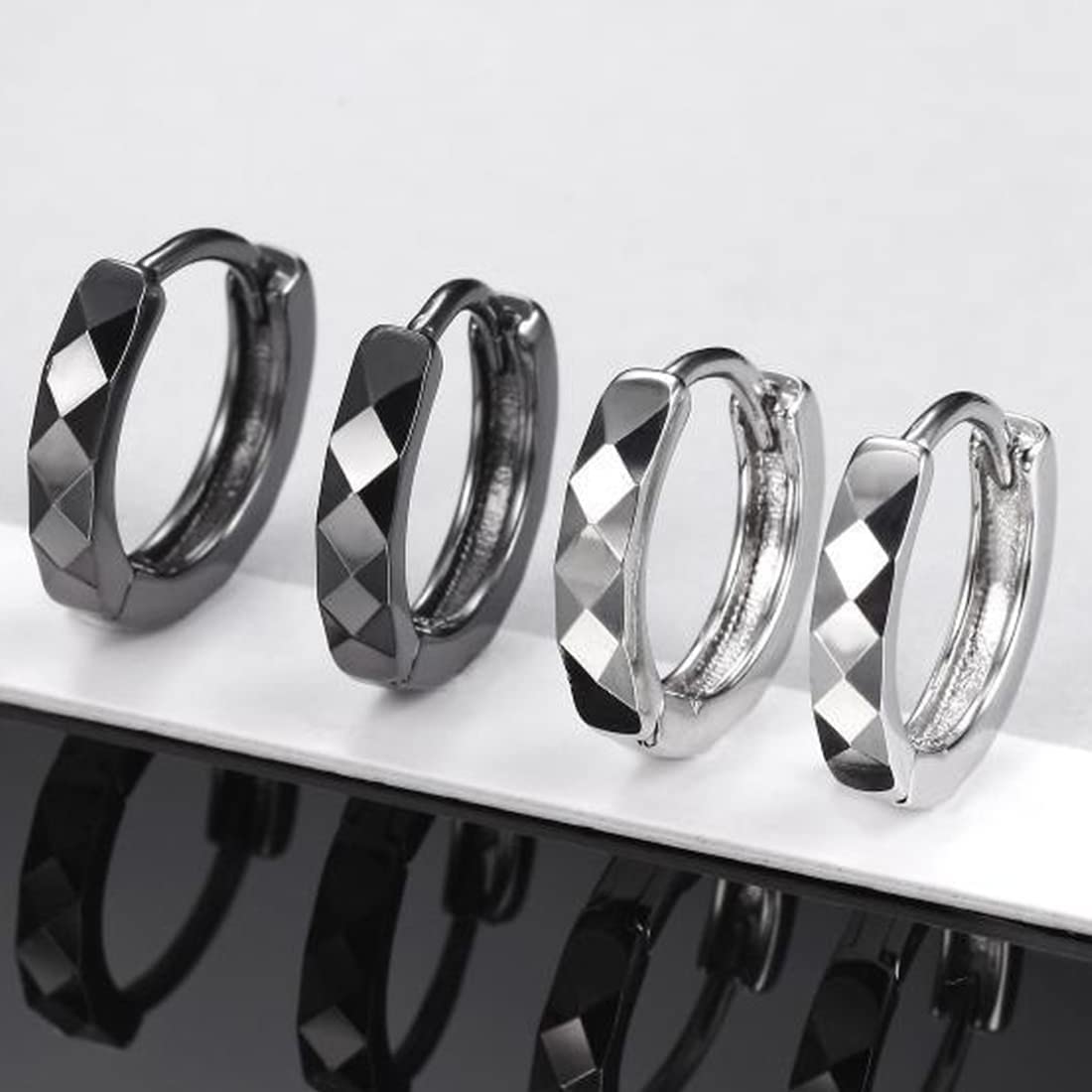 Rockyu 菱形リングピアス メンズ｜ブラック＆シルバー フープピアス 金属アレルギー対応