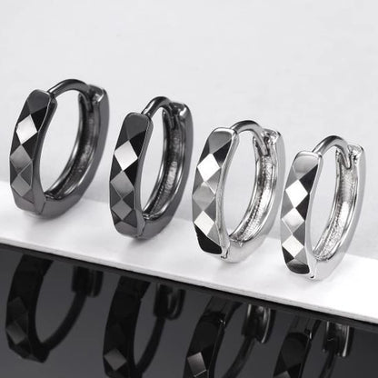 Rockyu 菱形リングピアス メンズ｜ブラック＆シルバー フープピアス 金属アレルギー対応