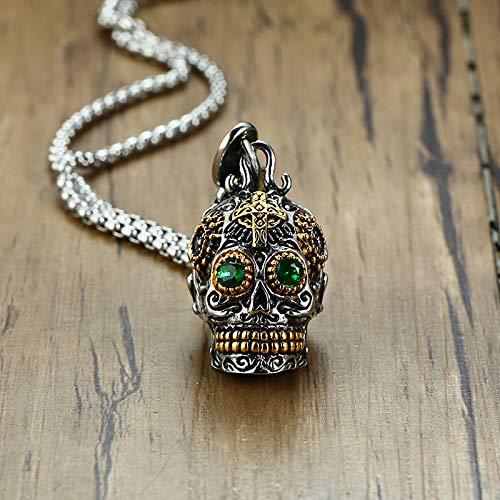 Rockyu メンズ メキシカンスカルネックレス 緑目 髑髏デザイン ステンレスチェーン 60cm