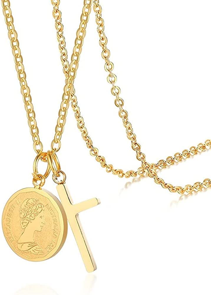 Rockyu ネックレス レディース ゴールド 十字架クロス＆コインペンダント ダブルチャーム