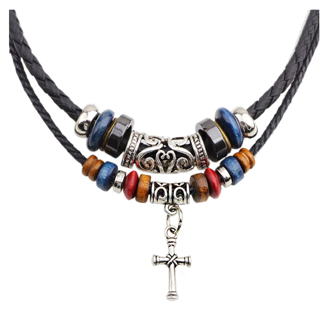Rockyu ネックレス メンズ 十字架ペンダント レザー紐 民族風 編み込み 二連デザイン
