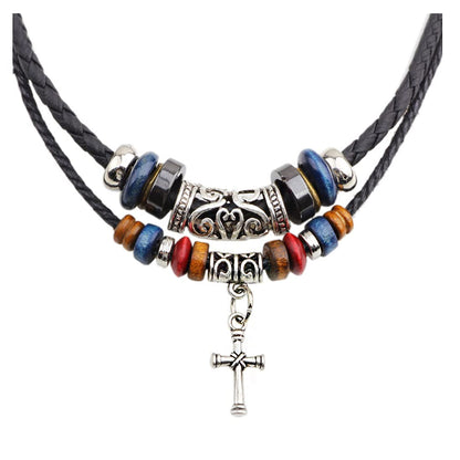 Rockyu ネックレス メンズ 十字架ペンダント レザー紐 民族風 編み込み 二連デザイン