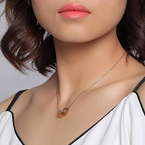 Rockyu 2連リングネックレス レディース チタン製 ピンクゴールド CZストーン 金属アレルギー対応