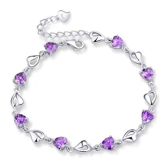 Rockyu ハートクリスタルブレスレット レディース – アレルギー対応 細身シルバーチェーン（全4色）