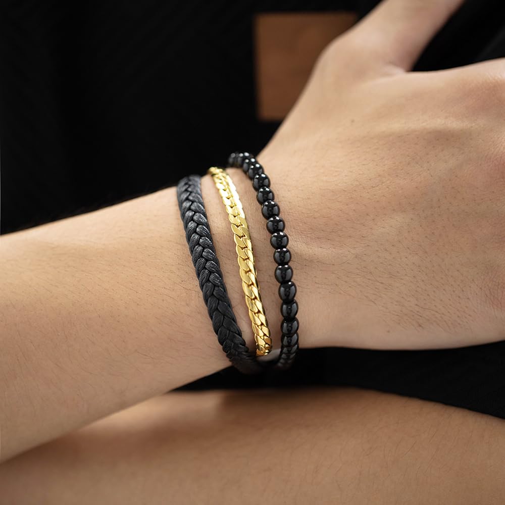 Rockyu メンズ 3連ブレスレット 喜平チェーン×ビーズ×編み込みレザー ゴールド×ブラック ステンレス 金属アレルギー対応
