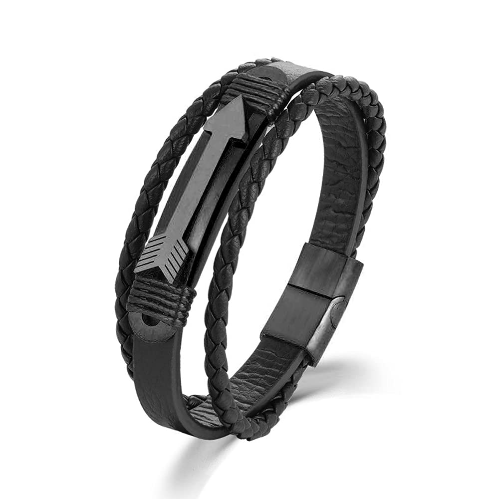 Rockyu ブレスレット メンズ 本革 多重編み込み 矢印モチーフ ゴールド＆シルバー アジアン風