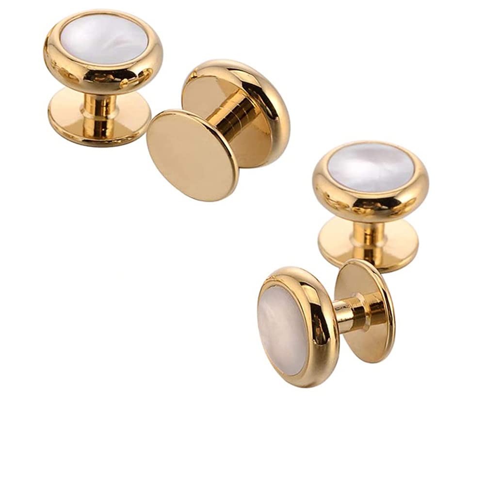 Rockyu メンズ カフスボタン セット 白蝶貝 ステンレス ゴールド シルバー スタッド 結婚式 ビジネス