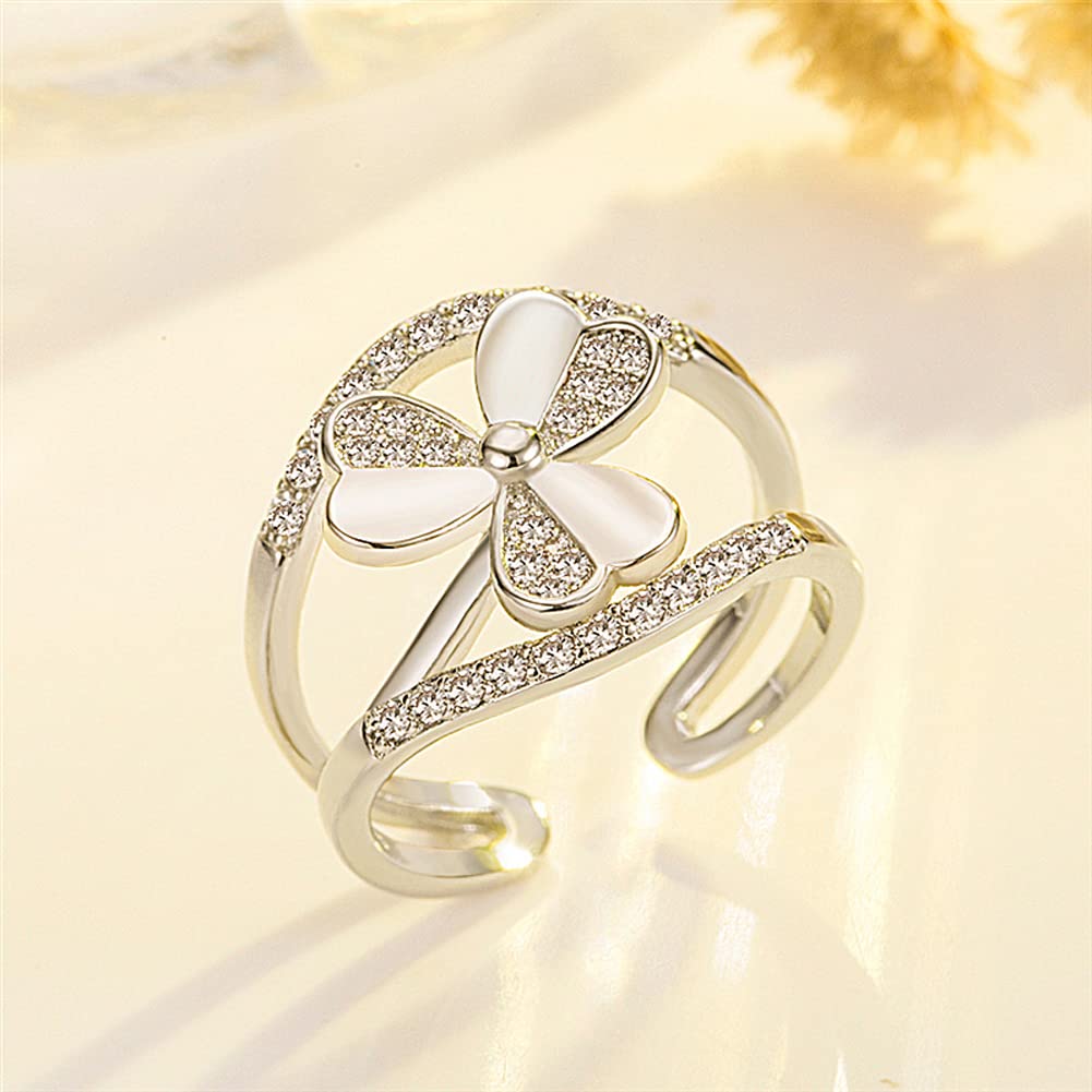 Rockyu 三つ葉モチーフリング｜19K仕上げ×ジルコニア フリーサイズ レディース指輪