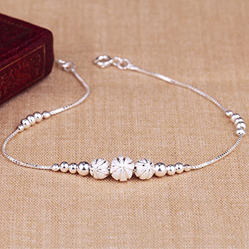 S990純銀製アンクレット レディース｜煌めく中空ビーズ＆ハートチャーム付