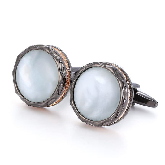 Rockyu カフスボタン メンズ ブラック×白蝶貝 円型 鏡面仕上げ ビジネス 通勤 就職祝い 父の日 プレゼント