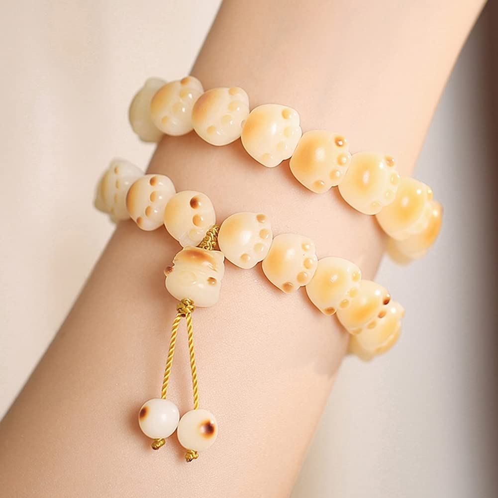 Rockyu レディース 猫肉球ブレスレット 白玉菩提×炭焼き風 数珠デザイン お守りアクセサリー