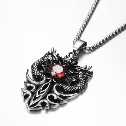 【双龍の守護】ステンレスペンダントネックレス｜ブラック＆レッドストーン メンズアクセ