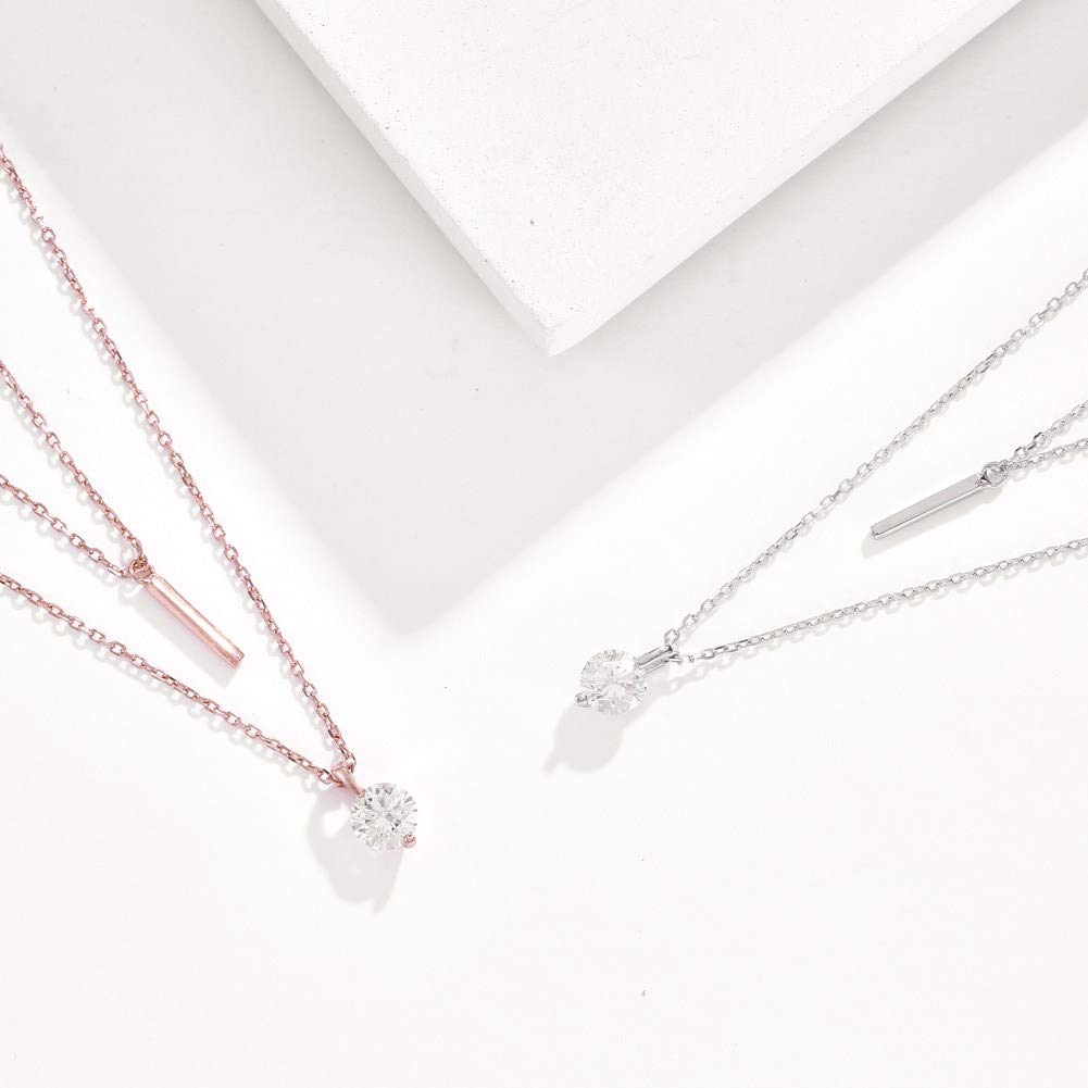 Rockyu レディースネックレス ピンクゴールド 18K 一粒ダイヤモンド スティックペンダント 2連チェーン 純銀仕上げ ジュエリー
