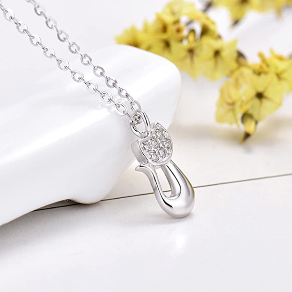 Rockyu ネックレス レディース シルバー925 猫ペンダント ジルコニア 鎖骨チェーン アレルギー対応