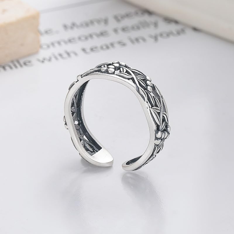 Rockyu 指輪 レディース 太め シルバー925 藤蔓モチーフ リング フリーサイズ 金属アレルギー対応 透かし彫り 植物デザイン