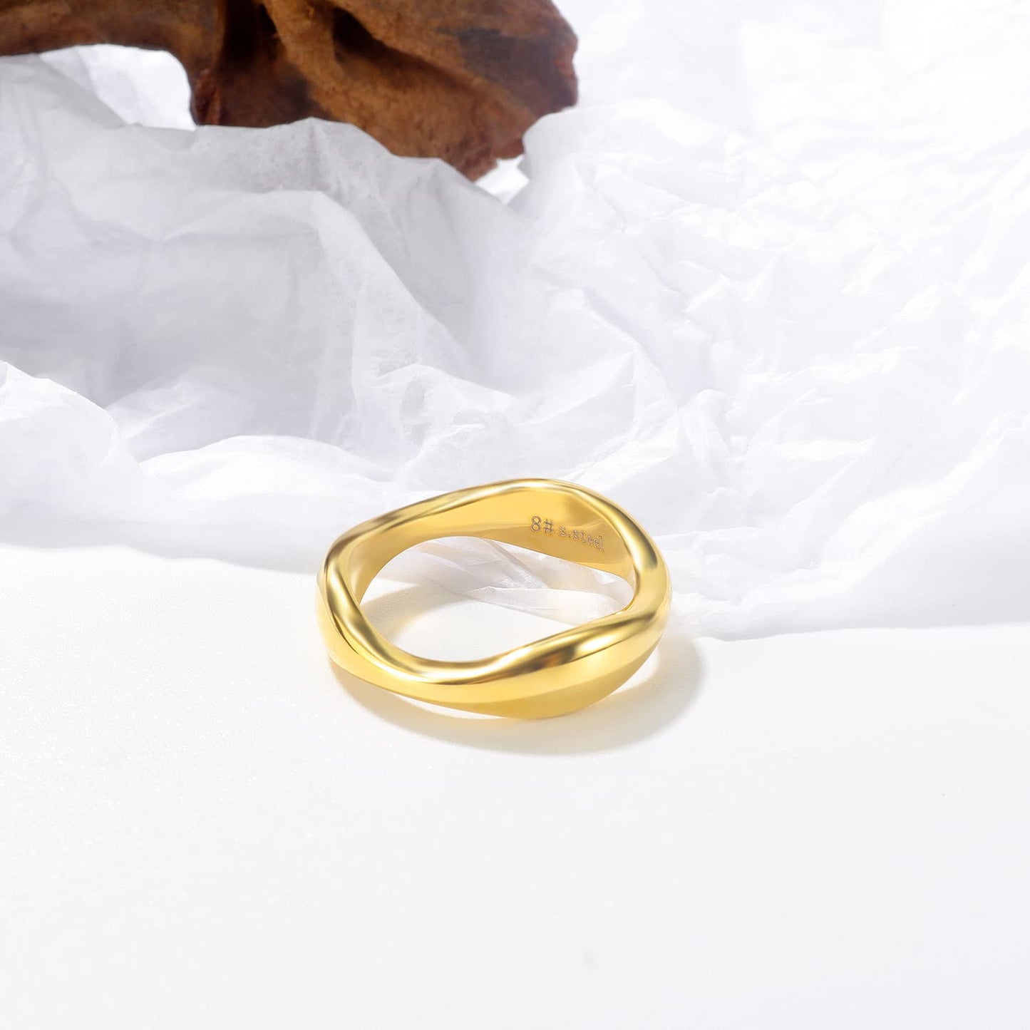 Rockyu 指輪 レディース チタン製 ゴールド＆シルバー 幾何デザイン 鏡面仕上げ