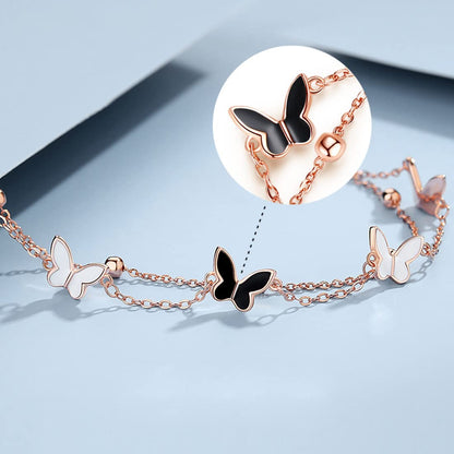 Rockyu ブレスレット レディース ピンクゴールド 18k エナメル 蝶々 バタフライブレスレット 二連チェーン 昆虫モチーフ誕生日 記念日 おしゃれ アクセサリー