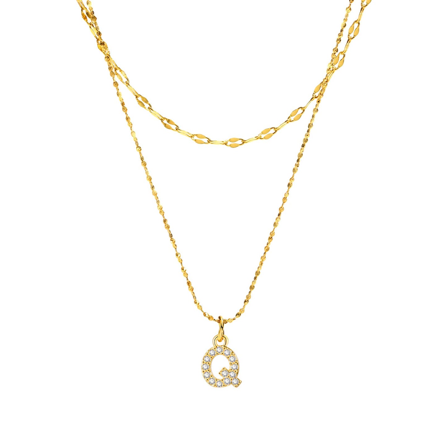 Rockyu イニシャルネックレス レディース ゴールド A〜Z 26文字 ジルコニア 二連チェーン ステンレス製 金属アレルギー対応