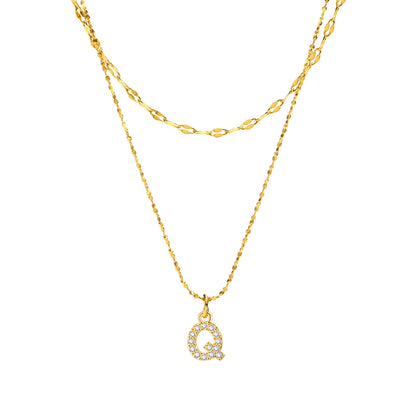 Rockyu イニシャルネックレス レディース ゴールド A〜Z 26文字 ジルコニア 二連チェーン ステンレス製 金属アレルギー対応