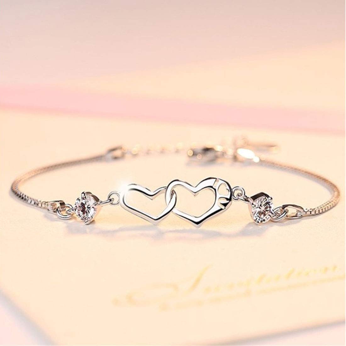 Rockyu ダブルハートブレスレット レディース – ジルコニア×シルバー925（3色ストーン）