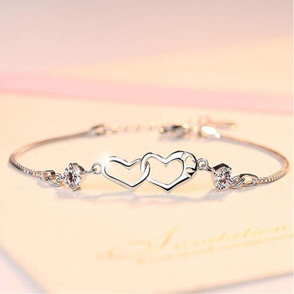 Rockyu ダブルハートブレスレット レディース – ジルコニア×シルバー925（3色ストーン）