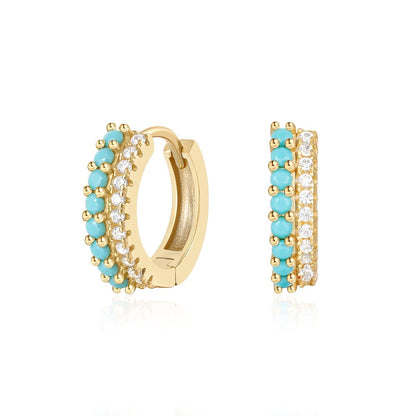 Rockyu レディース フープピアス シルバー925 ジルコニア 二連 ゴールドカラー レッド／ブルー／ターコイズ