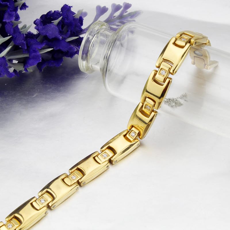 Rockyu 純チタン ゲルマニウム磁気ブレスレット レディース ゴールド＆シルバー＆ブラック 10mm