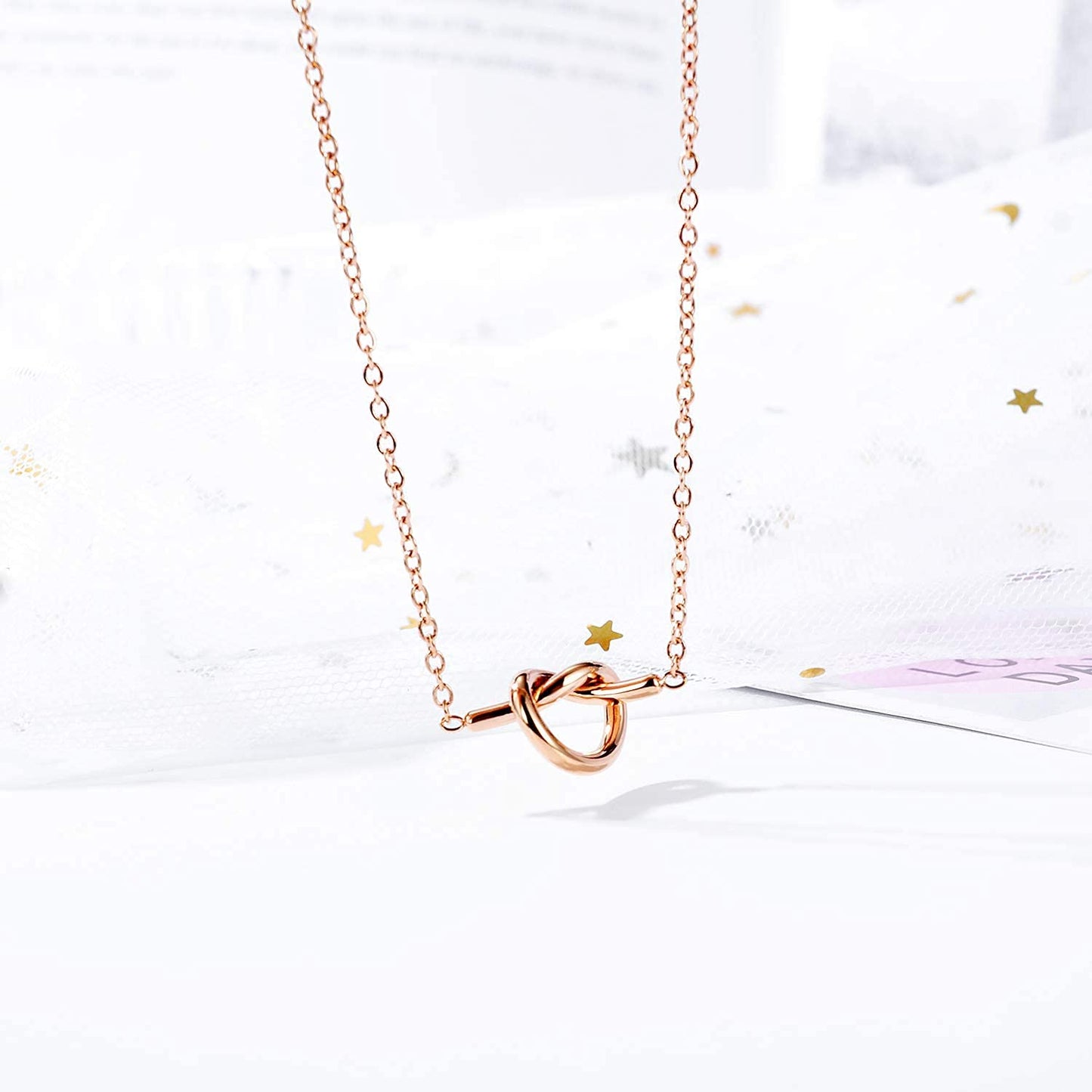 Rockyu レディース ネックレス ハート 結び ピンクゴールド 18金 メッキ チタン 鎖骨チェーン