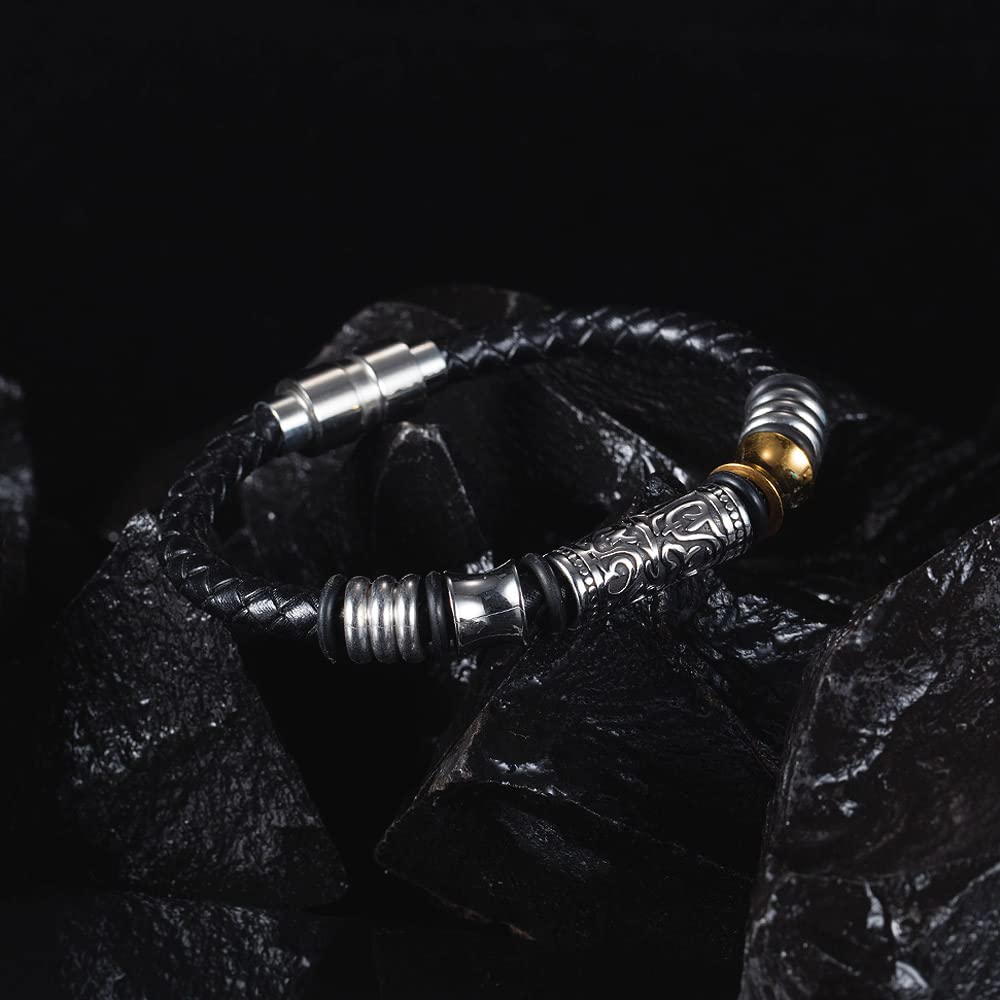 Rockyu ブレスレット メンズ 本革レザー×ステンレス コンビ バングル風デザイン