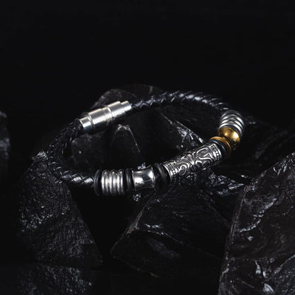 Rockyu ブレスレット メンズ 本革レザー×ステンレス コンビ バングル風デザイン