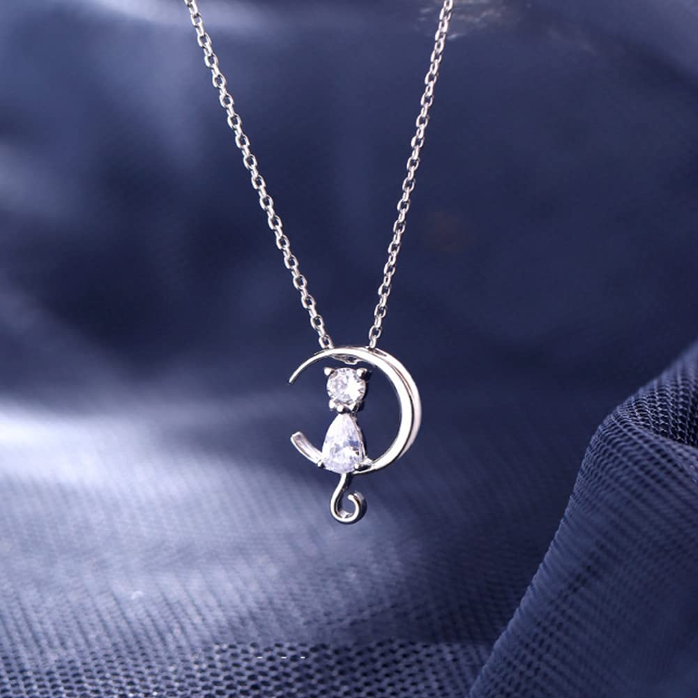 Rockyu 猫と月 ネックレス レディース 925純銀 ペンダント シンプル可愛い ジルコニア