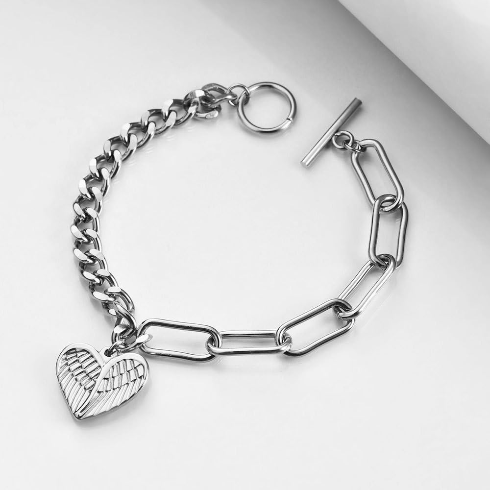 Rockyu ブレスレット レディース ハートチャーム付き 天使の翼モチーフ OTチェーン 18cm