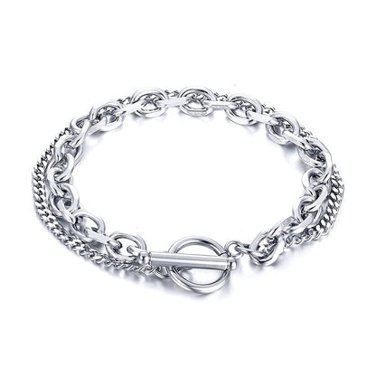 Rockyu メンズ 2連チェーンブレスレット シルバー ステンレス製 シンプルデザイン