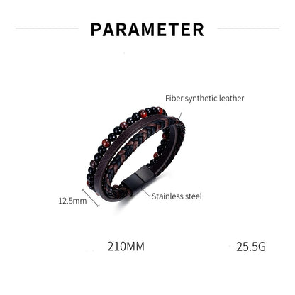 Rockyu ブレスレット メンズ ブラウンレザー 3連風 編み込み＆数珠 デザイン マグネット留め具付き