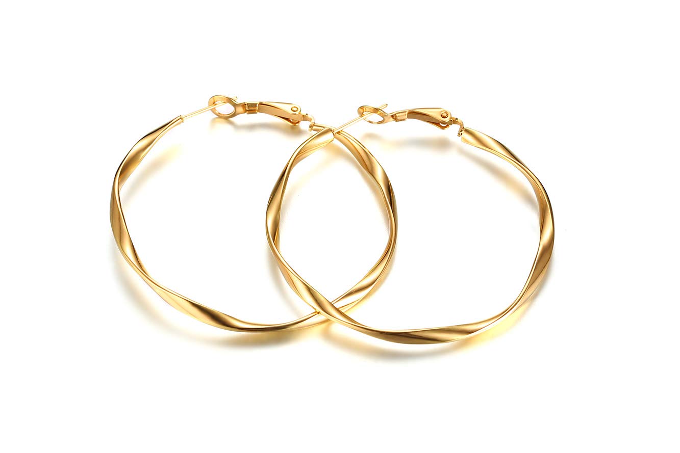 Rockyu フープピアス レディース 大ぶり ツイストフープ 軽量 ステンレス製 3色展開 金属アレルギー対応